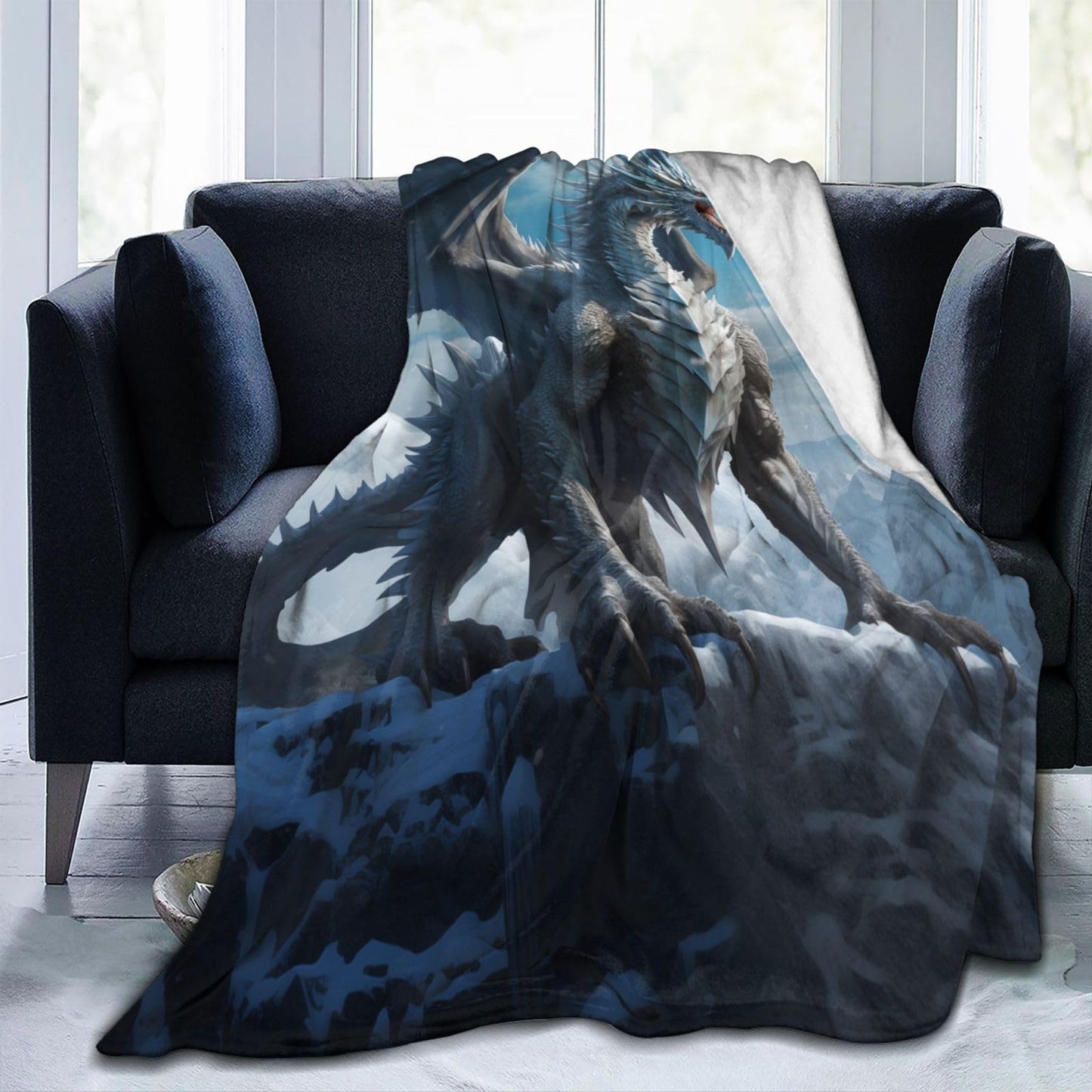 amepay Blue Ice Dragon Blanket Gifts for Adults Boys Snow Mountain Flannel Throw Blankets Soft Comfy Lightweight for Home Decor Couch Bed Sofa 60x50 Inches