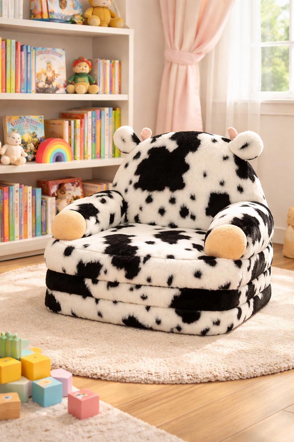 QIUODO Toddler Chair with Faux Rabbit Fur – 2-in-1 Foldable Kids Couch, Soft Sofa for Reading, Bedroom or Playroom Use, Ages 1-3（Cow）