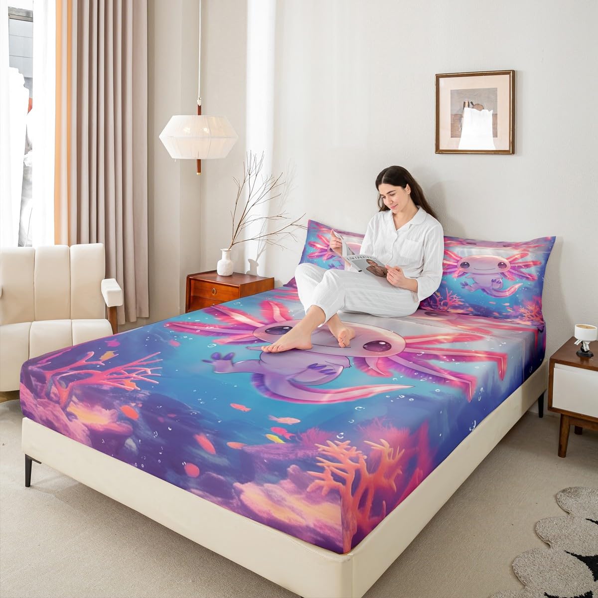 Erosebridal Cute Axolotl Bed Set Salamander Ocean Animal Bed Sheets Set Full Underwater World Flat Fitted Sheet for Girls Kids Adult,Maeine Life Bedding Sets for Bedroom Decor with 2 Pillow Cases