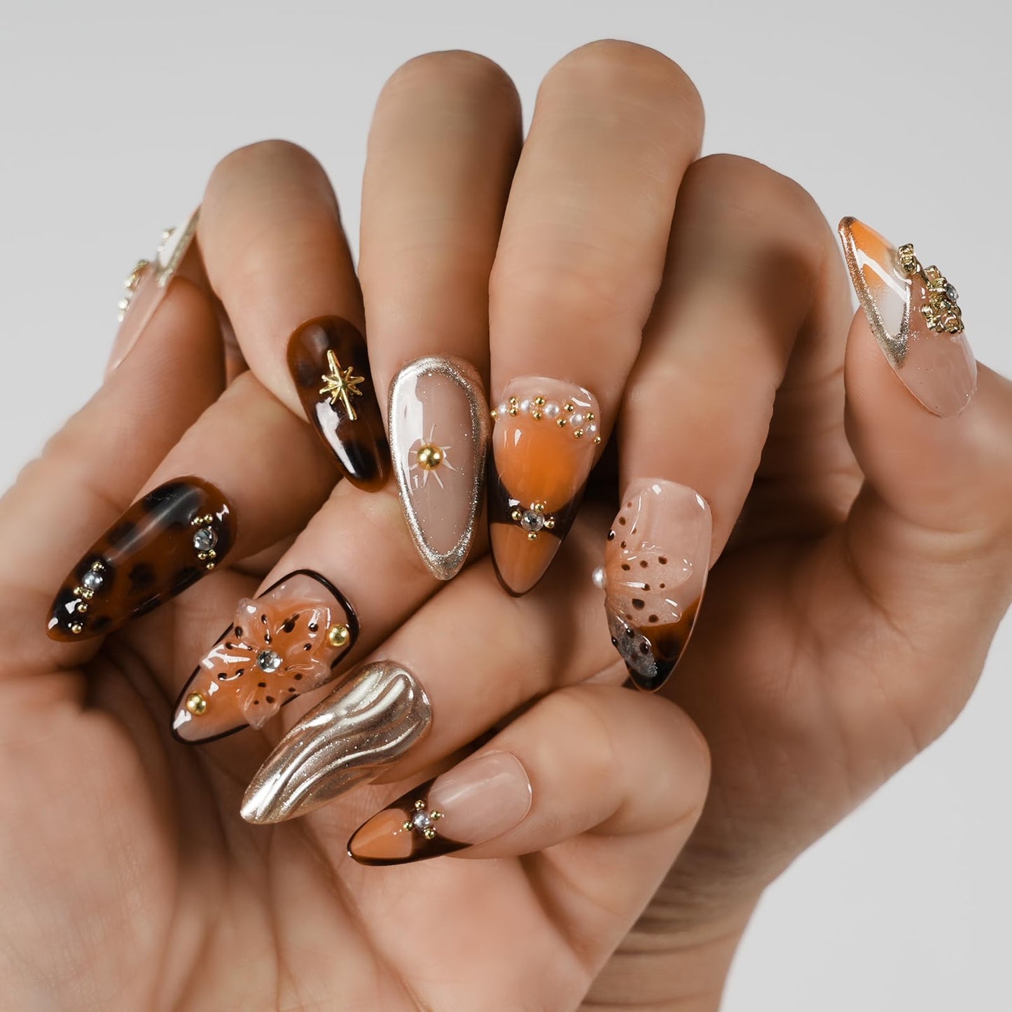 Tesytto Luxury Handmade Press on Nails - Gothic Gold Cross & 3D Floral Medium Almond, Vintage Pearl Rhinestone Glossy Salon Quality Nails (Orange Diamond Sweet Luxury,M)