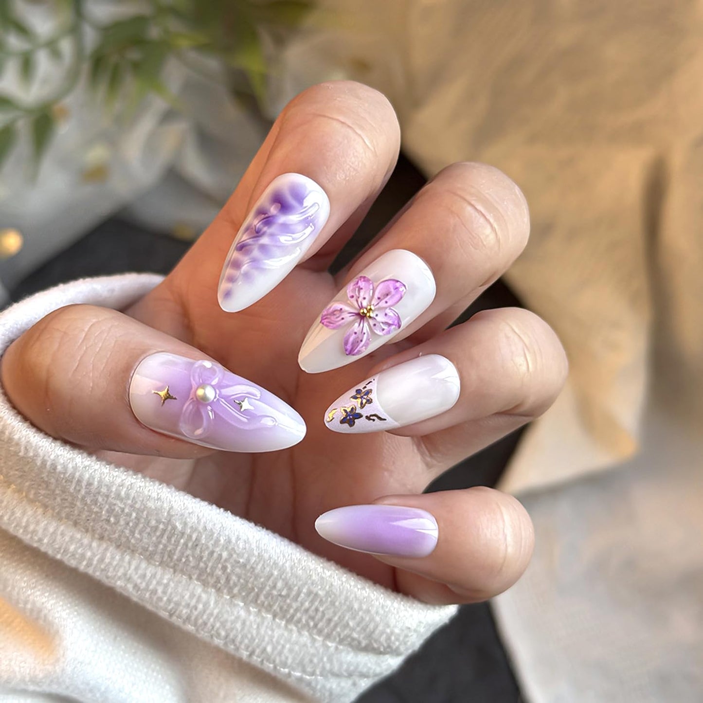 24Pcs Gradient Purple Flower Press on Nails Medium Almond Fake Nails with Floral Butterfly Star Designs Glossy French Nails Tip with 3D Floral & Pearl Nail Art Handmade False Nails for Women