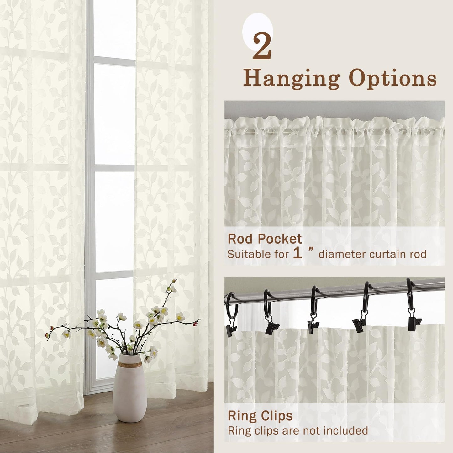 Chyhomenyc Ivory Sheer Curtains 84 Inch Length 2 Panels Set, Light Filtering Tufted Textured Soft Airy Rod Pocket Gentle Leaf Window Treatment Drapes for Bedroom Living Room, 42" Wx84 L, 2PCS