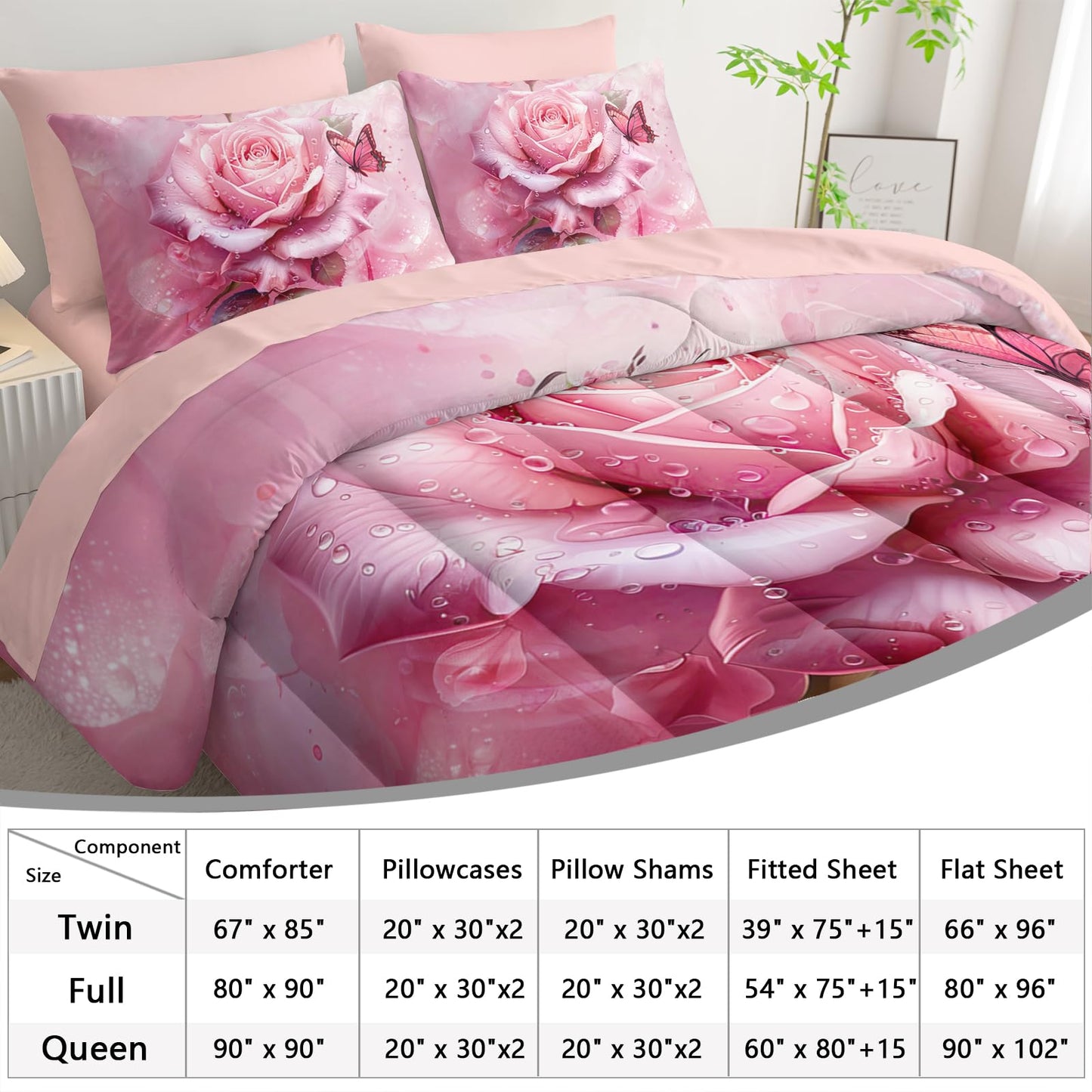 AILONEN 7-Piece Pink Rose Comforter Set Queen Size,Rose Flower Butterfly Bed in a Bag for Girls Women,Modern Romantic Floral Printed Art Pink Comforter + Fitted/Flat Sheet +2 Pillowcases + 2 Shams