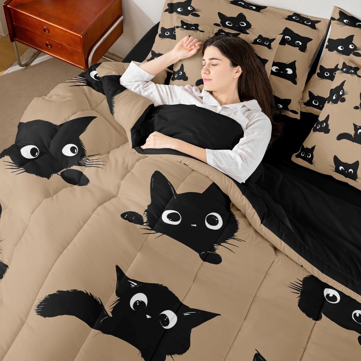 Erosebridal Cute Black Cats 7-Piece Bedding Set Full Size for Kids Boys Girls (Black and Khaki) - Funny Cats Bed in a Bag Cartoon Kitten Animal Comforter Set with Sheets Cute Cat Duvet Insert