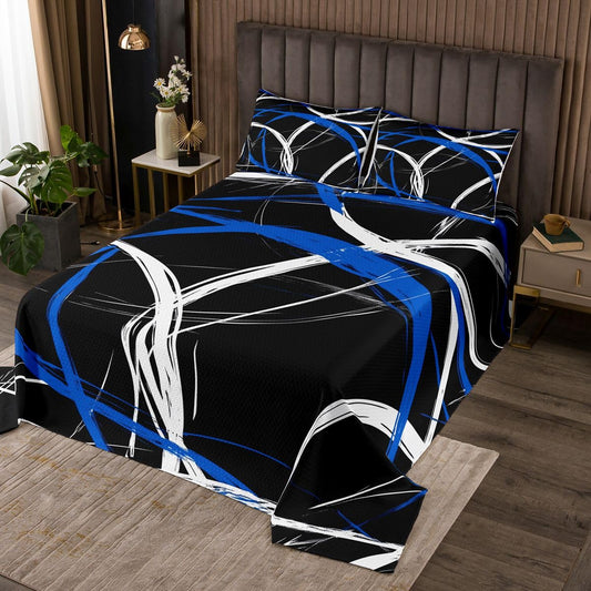 jejeloiu Modern Abstract Bedspread Quilts Blue Stripe Coverlet Set Queen Size for Kids Boys Girls Geometric Aesthetic Quilted Coverlet for All Season with 2 Pillowcases Microfiber
