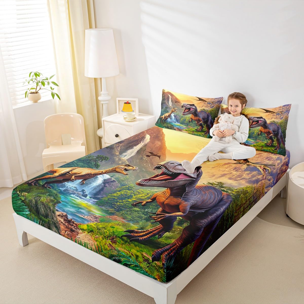 Erosebridal Kids Cartoon Dinosaur Bed Sheets King Boys Jungle Dino Sheet Set, 3D Ancient Animals Fitted Sheet, Child Flat Sheet, Dinosaur Room Decor, 2 Pillow Cases