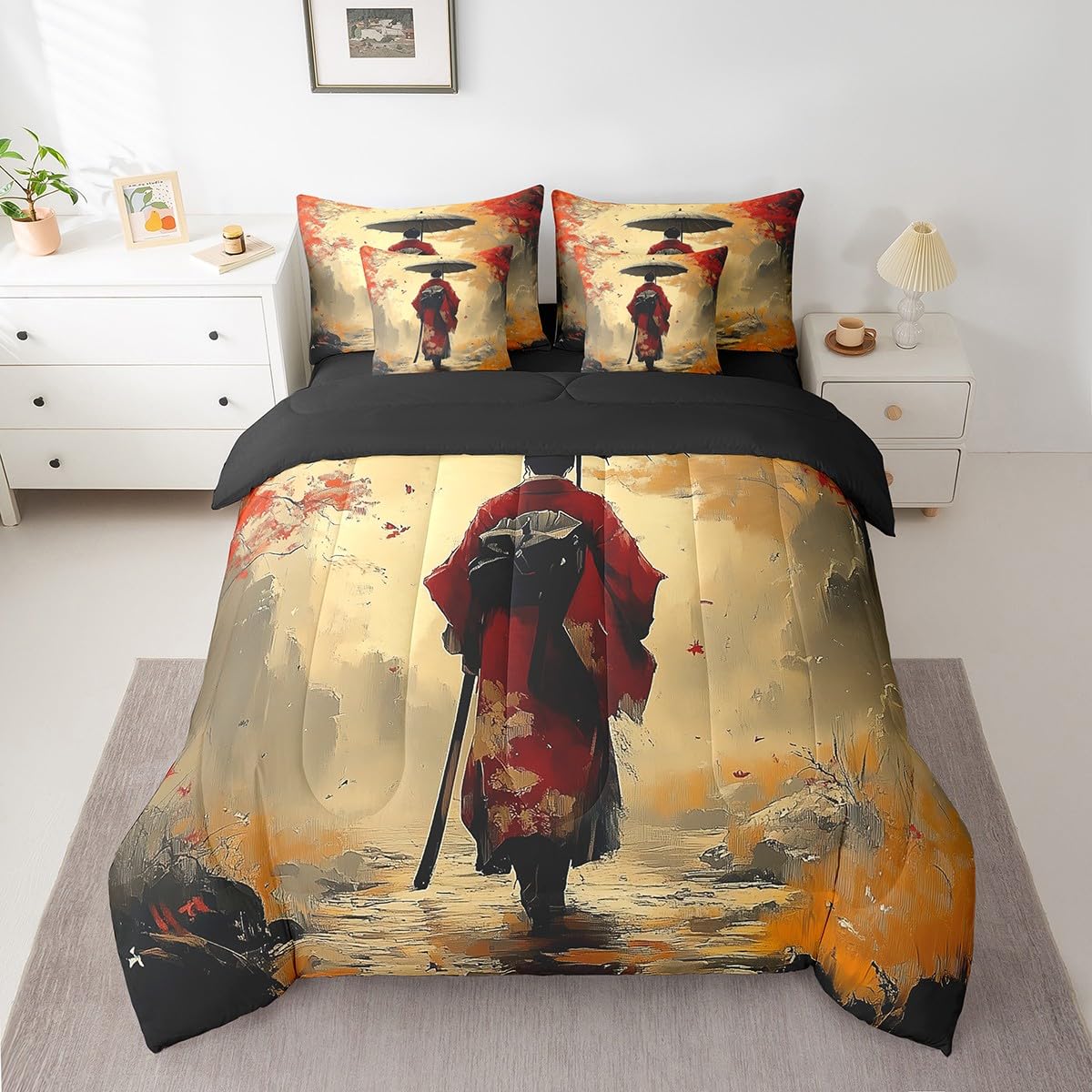 Erosebridal Aesthetic Japanese Bedding Set 7Pcs,Japan Kimono Comforter Set Twin for Girl Women Lady,Samurai Ukiyoe Quilt,Japan Scenery Bed in a Bag