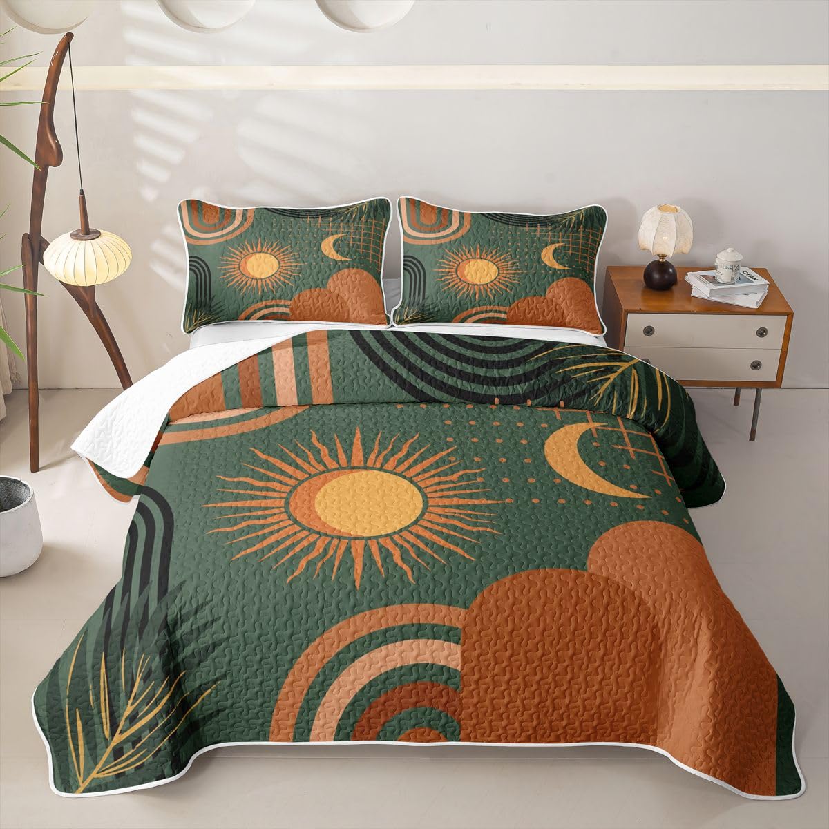 Erosebridal Boho Mid Century Quilted Bedspreadd Set Twin Sun Moon Coverlet Set Bohemian Abstract Geometric Bed Set Forest Green Bedding Set