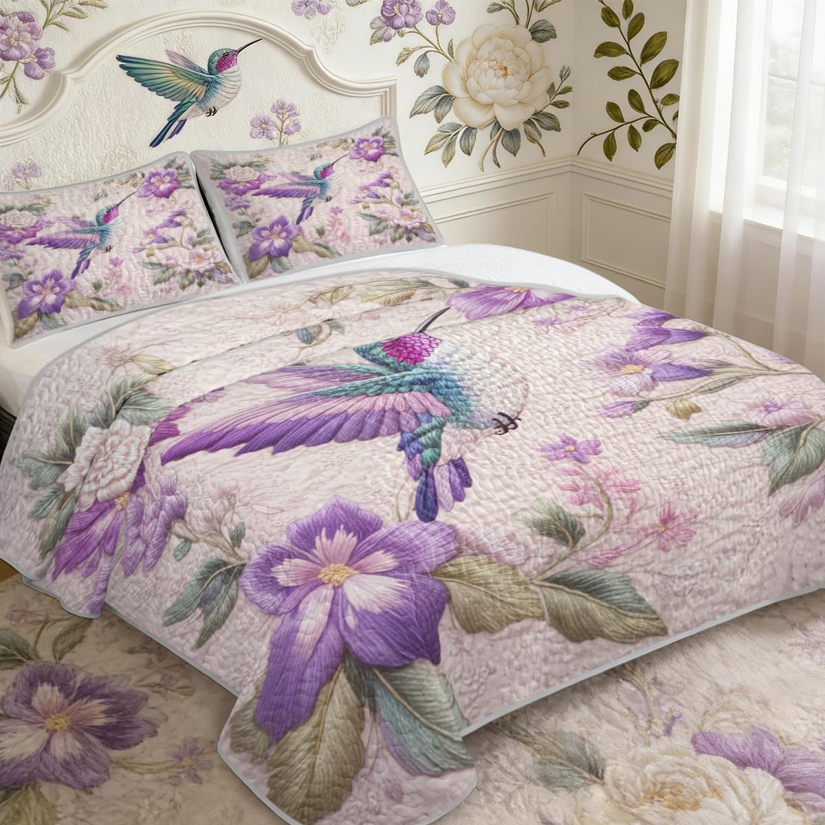 ARIGHTEX Flower Bird Quilt Set Queen Size Purple Floral Hummingbird Bedding Set Lightweight Botanical Quilt Soft Microfiber Bedspread Elegant Spring Coverlet Set with Pillow Shams