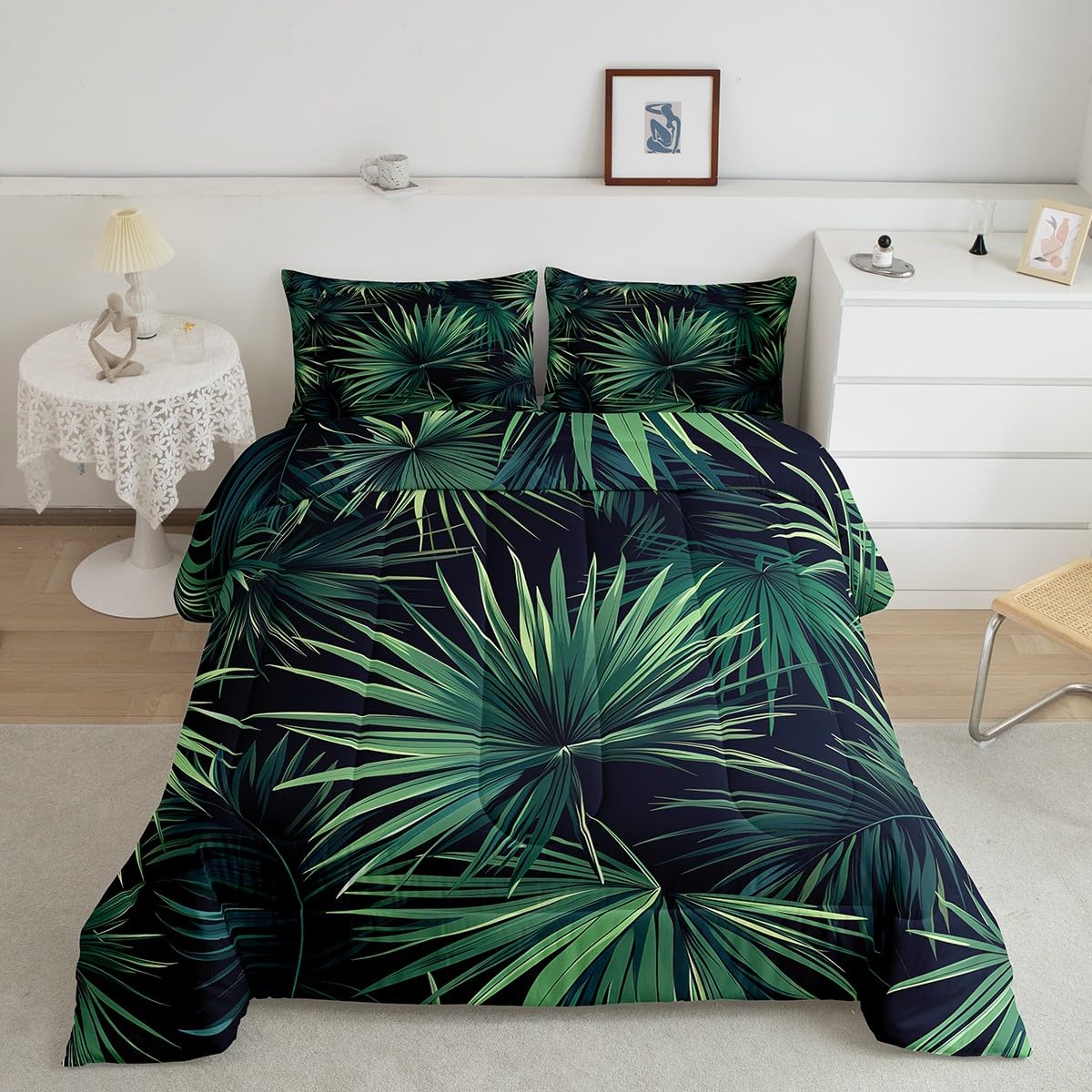 Erosebridal Tropical Green Leaves Quilt with Flat Fitted Sheet Summer Hawaiian Comforter Set 7 Piece Twin Monstera Banana Leaves Bed in A Bag for Kids Boys Girls Jungle Nature Theme Bedding Sets