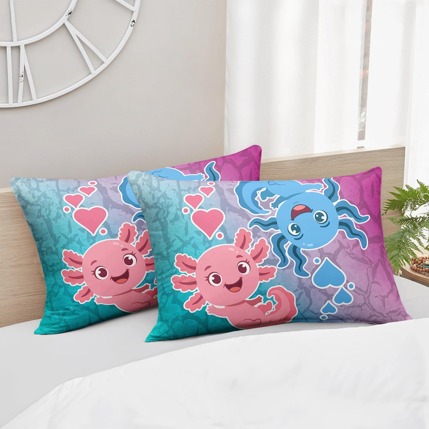HOSIMA Axolotl Bedding Set Pink and Blue Axolotl Pattern Kawaii Twin Fitted Sheet Set for Kids Bedroom Decor,1 Fitted Sheet+2 Pillowcases.