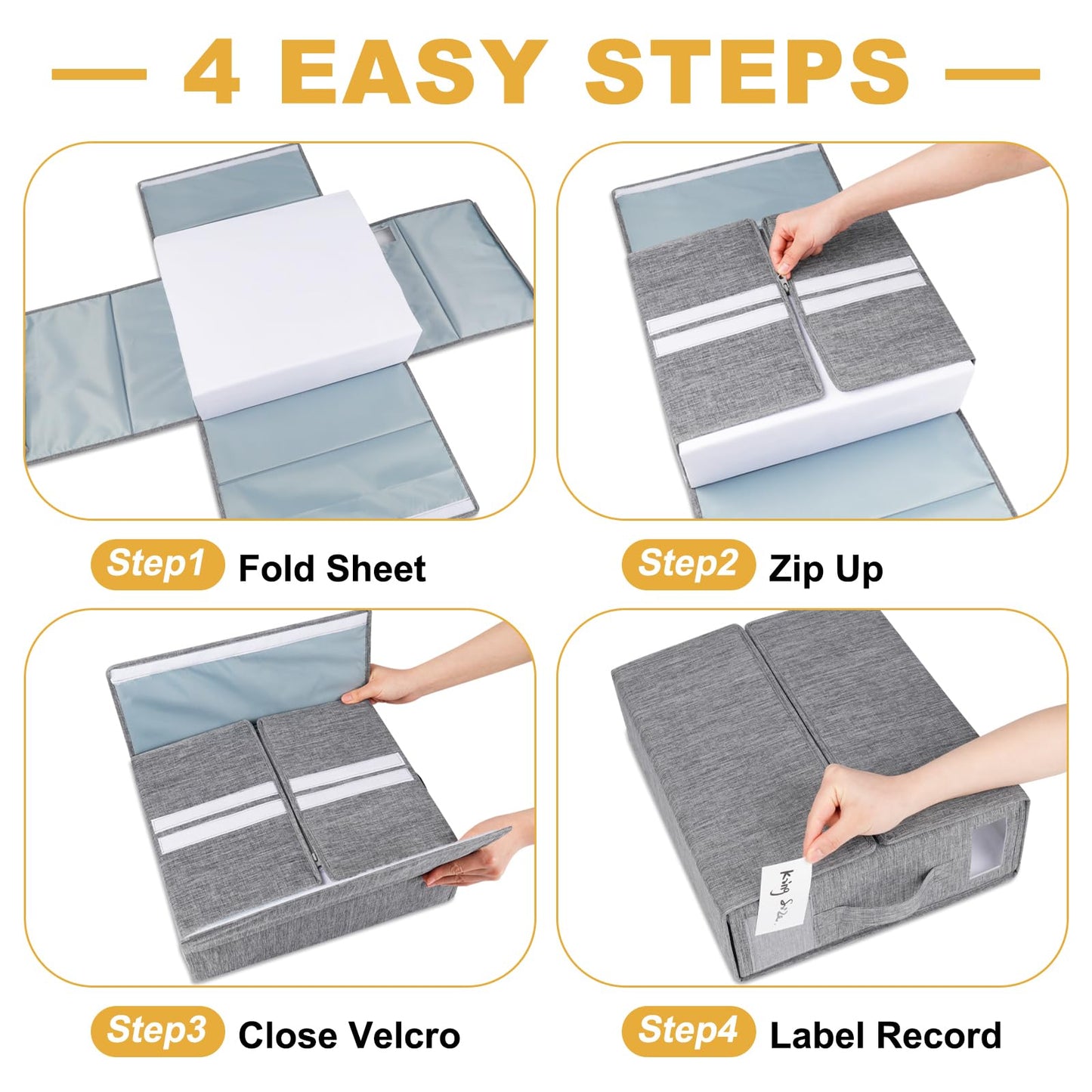 Cosybreeze Bed Sheet Organizers and Storage, Foldable Bed Sheet Set 4 Pack Twin/Full/King/Queen Size Organizing Bedding Container Linen Closet Organizer for Duvet Covers Clothes Towels, Grey