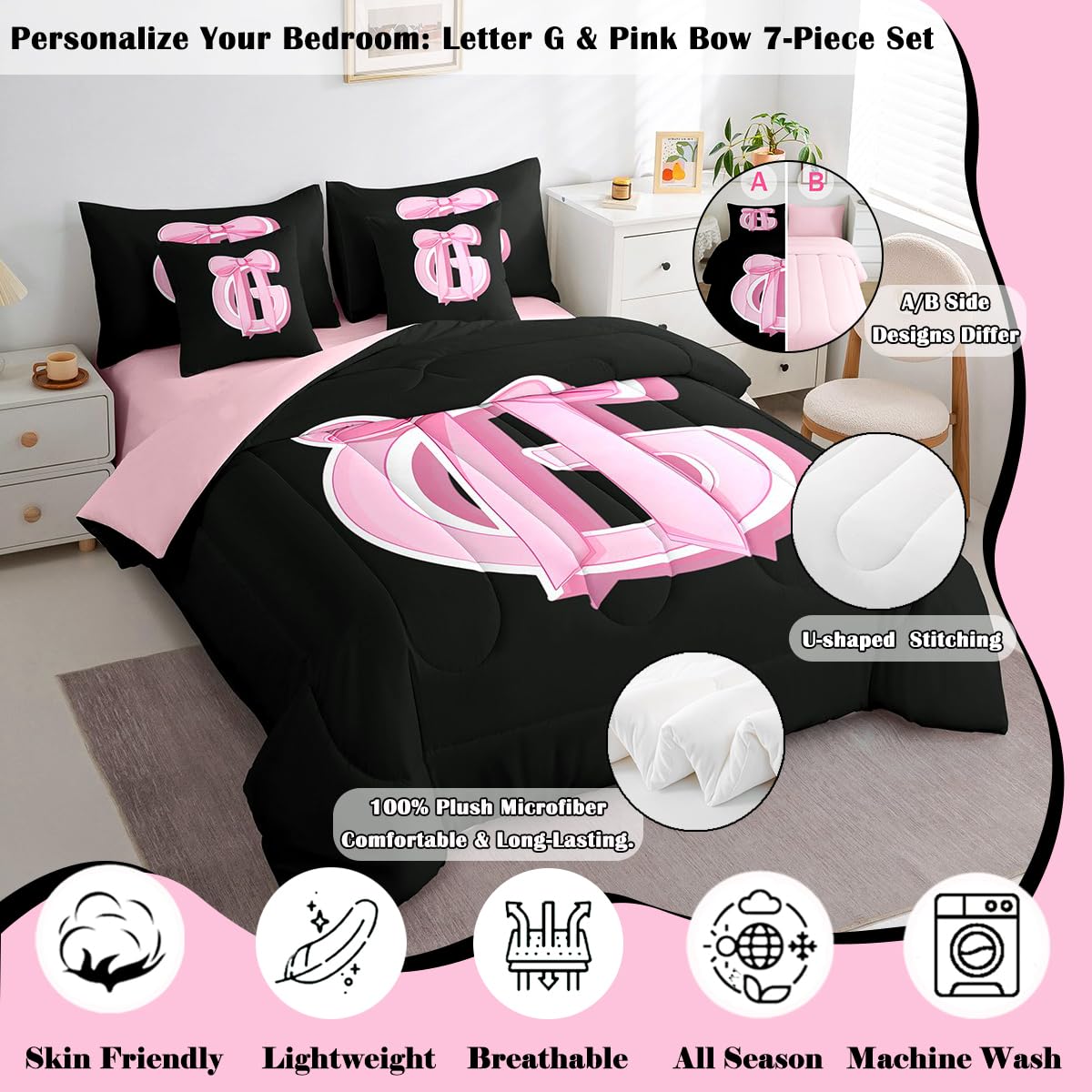 jejeloiu Kids Girls Black Pink Bow Comforter Set with Sheets Twin Size Monogrammed 7 Piece Bedding Set Personalized Initial G Bed in a Bag with Comforter,Sheets,Pillowcases Modern Fashion Bed Set