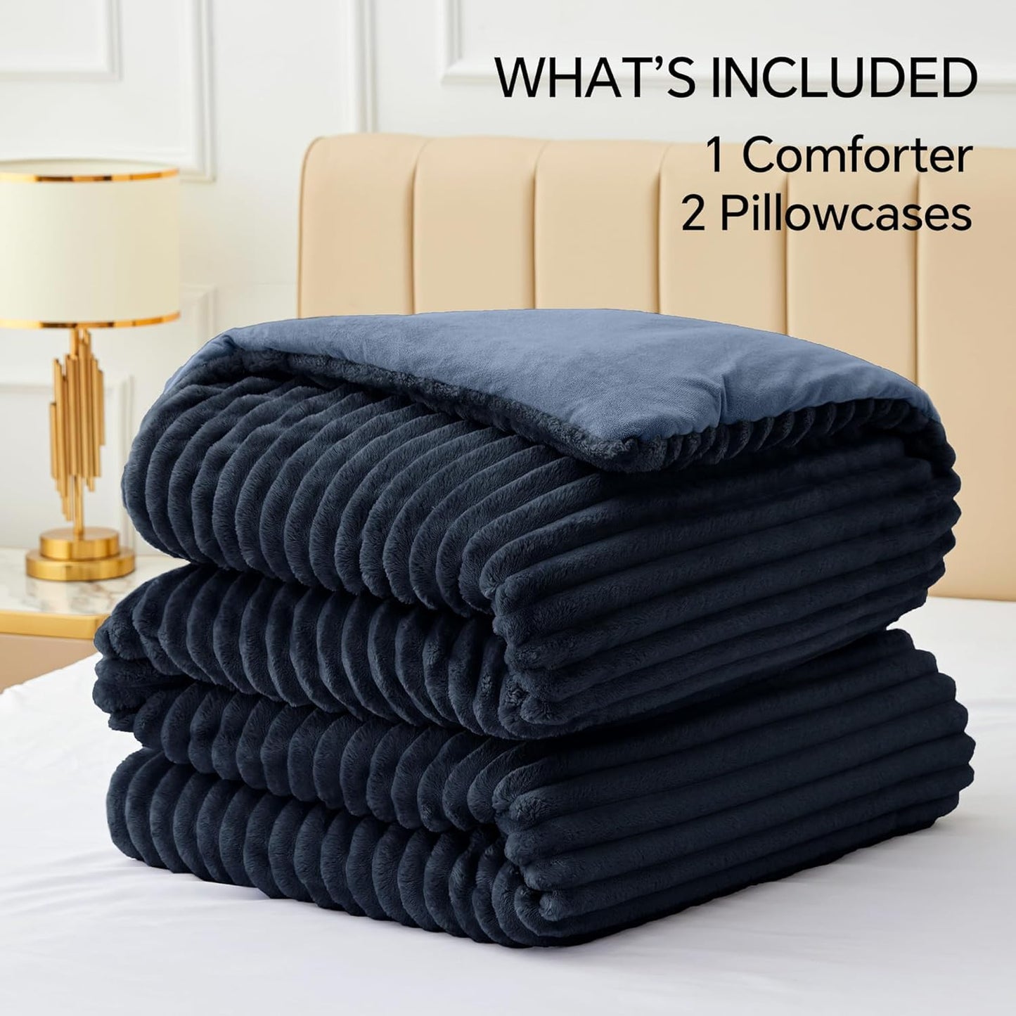 BEDELITE Fleece Queen Comforter Set -Super Soft & Warm Fluffy Navy Blue Bedding, Luxury Fuzzy Heavy Bed Set for All Season with 2 Pillow Cases
