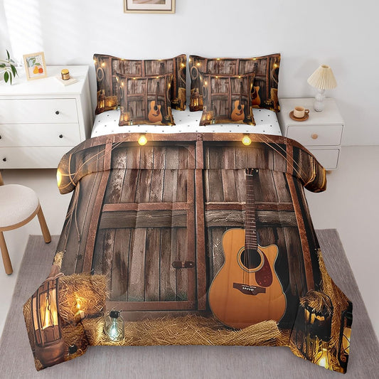 Feelyou Western Comforter Set 7 Pieces Twin Size Kids, Rustic Barn Bedding Set Boys Girls, Farmhouse Guitar Bed in a Bag,Comforter + Sheets + Pillowcases + Cushion Covers