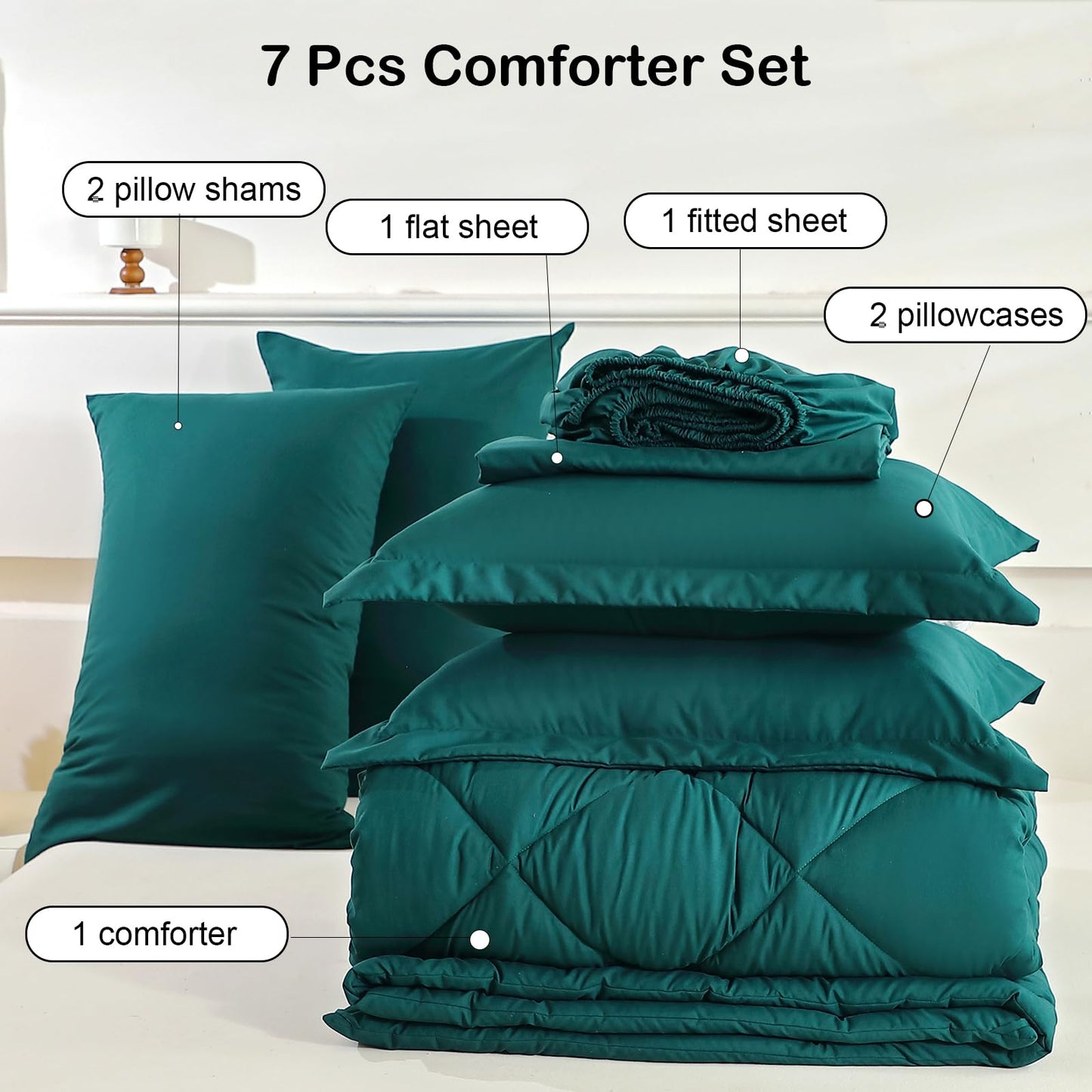 FISHDRU Bed in a Bag 7 Pieces, Luxury Soft Bed Set for All Seasons, Bedding Set with Down Alternative Comforter, Sheets, Pillowcases & Shams (Green, Queen)