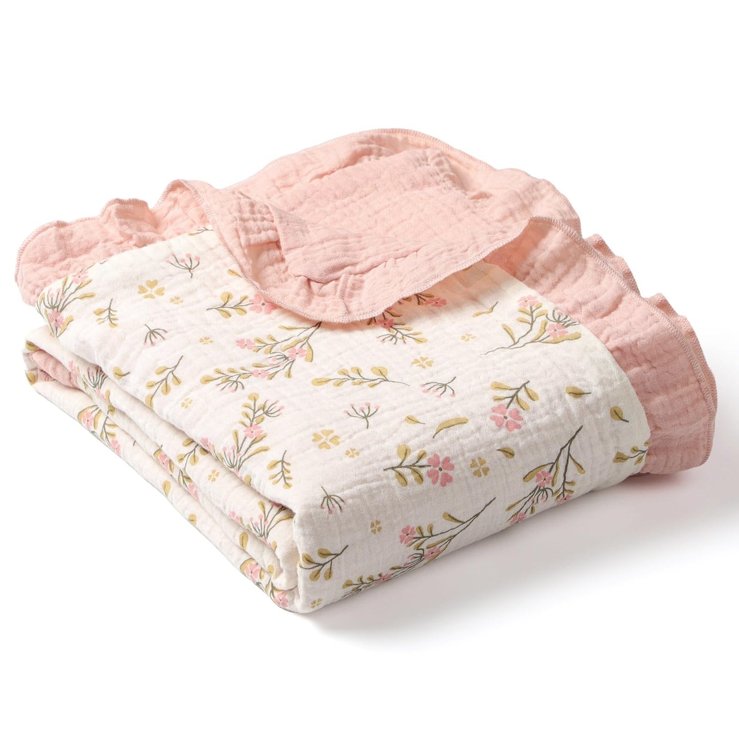 Organic Baby Blanket Flounce Edge Large 50"x43" Floral, 100% Muslin Cotton Super Soft Breathable Toddler Quilt Crib Blankets Gender Neutral for Baby Boys and Girls Bassinet, Bed, Stroller & Snuggling