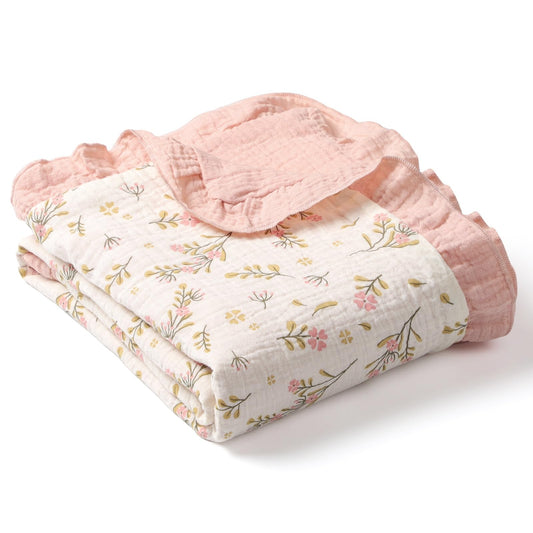 Organic Baby Blanket Flounce Edge Large 50"x43" Floral, 100% Muslin Cotton Super Soft Breathable Toddler Quilt Crib Blankets Gender Neutral for Baby Boys and Girls Bassinet, Bed, Stroller & Snuggling