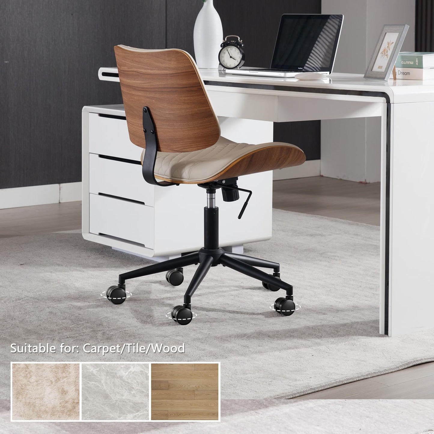 BERYTH Home Office Chair No Arms with Wheels, Adjustable Height Small Desk Chair, PU Leather Mid Back 360 Swivel Computer Chair, Armless Modern Walnut Chair for Office, Reading Meeting Room(Beige)