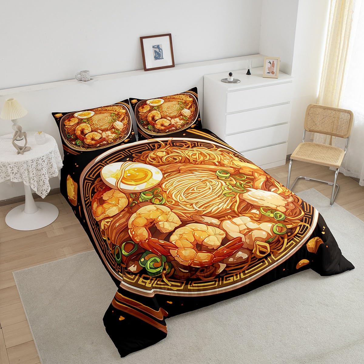 Erosebridal Ramen Noodle Queen Comforter Set,Japanese Ramen Bedding Set Funny Gifts for Kids Adults,Food Themed Quilt Bed Set Anime Style Bedding Comforter Sets with 2 Pillowcases Bedroom Decor