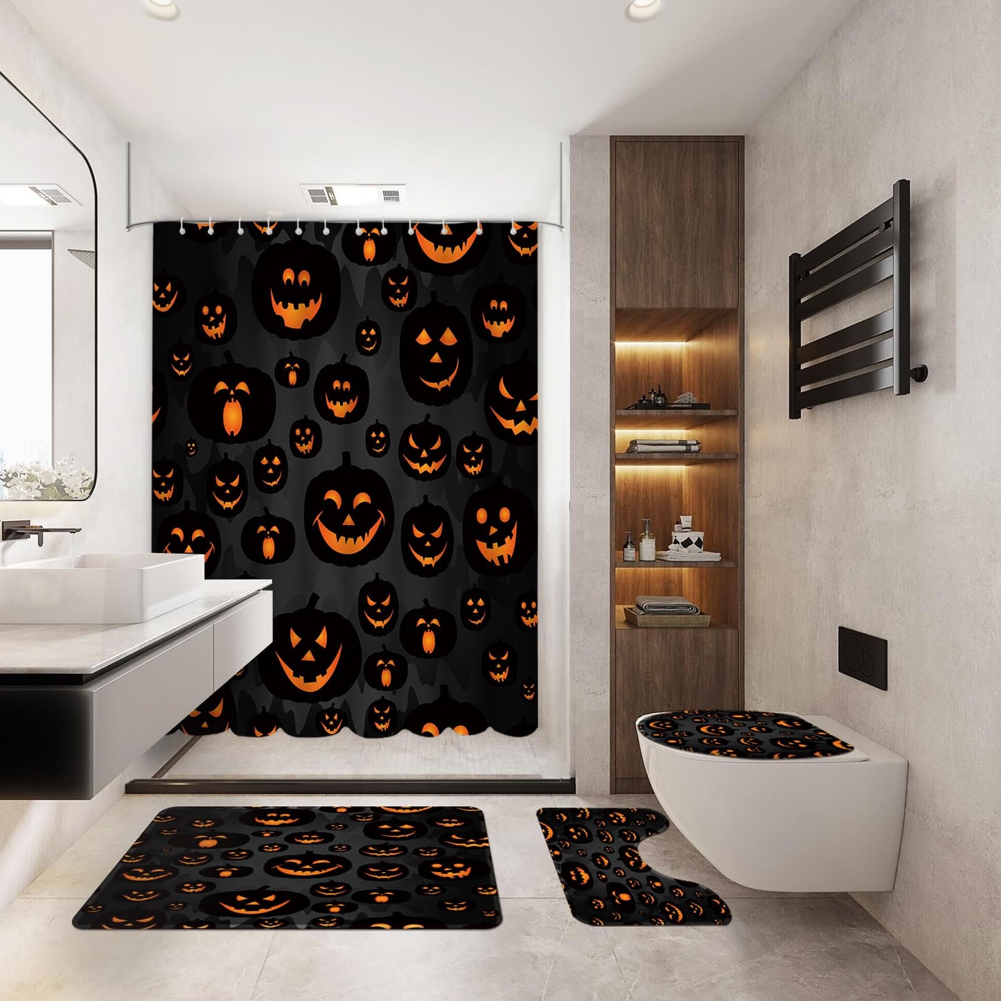 MEHOFOND 4pcs Halloween Pumpkin Shower Curtain Set Evil Pumpkins Shower Curtain Sets Halloween Black Scary Shower Curtain Set for Bathroom Decor with Non-Slip Rugs Toilet Lid Cover and Bath Mat
