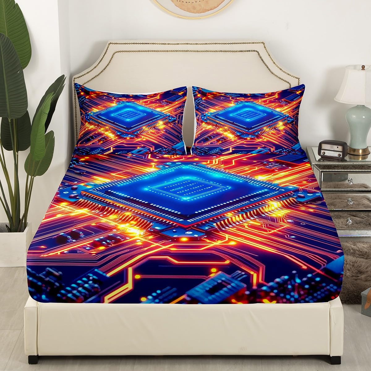 Erosebridal Queen Size Circuit Board Bedding Set, Science and Technology Fitted Sheet for Kids Boys, Print Chips Teal Bed Sheets Stripe Sheets for Teens Adult Men, Blue