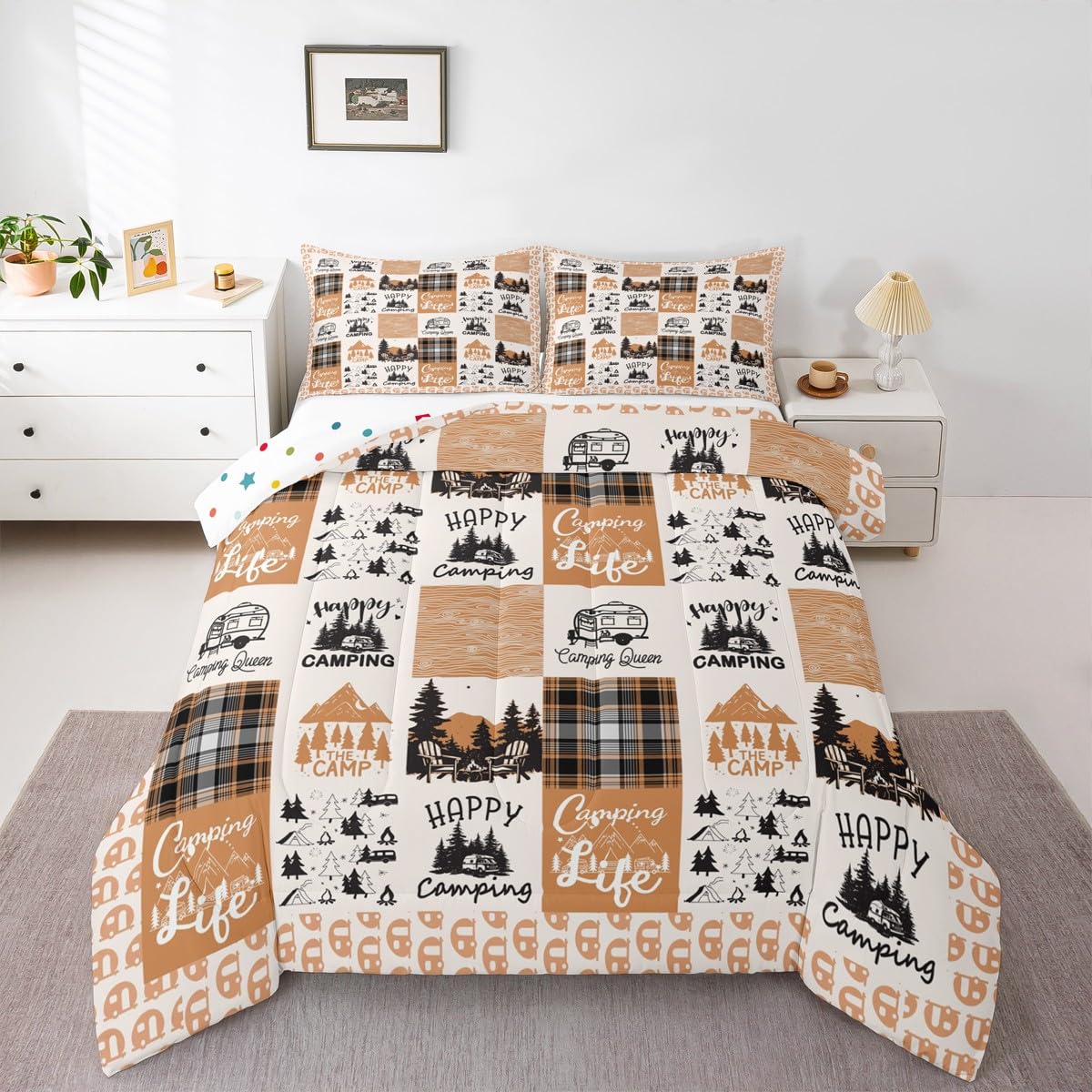 Erosebridal Happy Camping Bedding Set for Kids Kawaii Camper Comforter Set, Camping Adventure Duvet Insert Orange White Patchwork Quilt Comforter, Cartoon RV Car Bedding Comforters & Sets Breathable