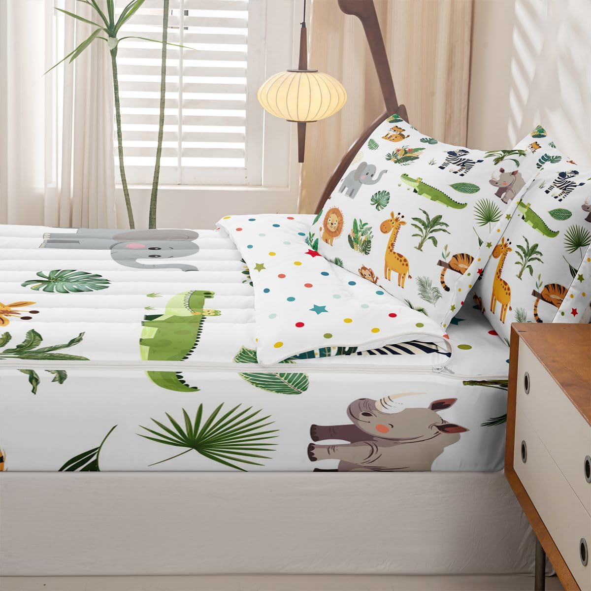 Erosebridal Wild Animals Zip Up Bedding Set Twin Safari Animals Zipper Comforter Set with Sheets Boys Girls Cute Crocodile Lion Bed in a Bag Cartoon Elephant Giraffe Tropical Bed Sets