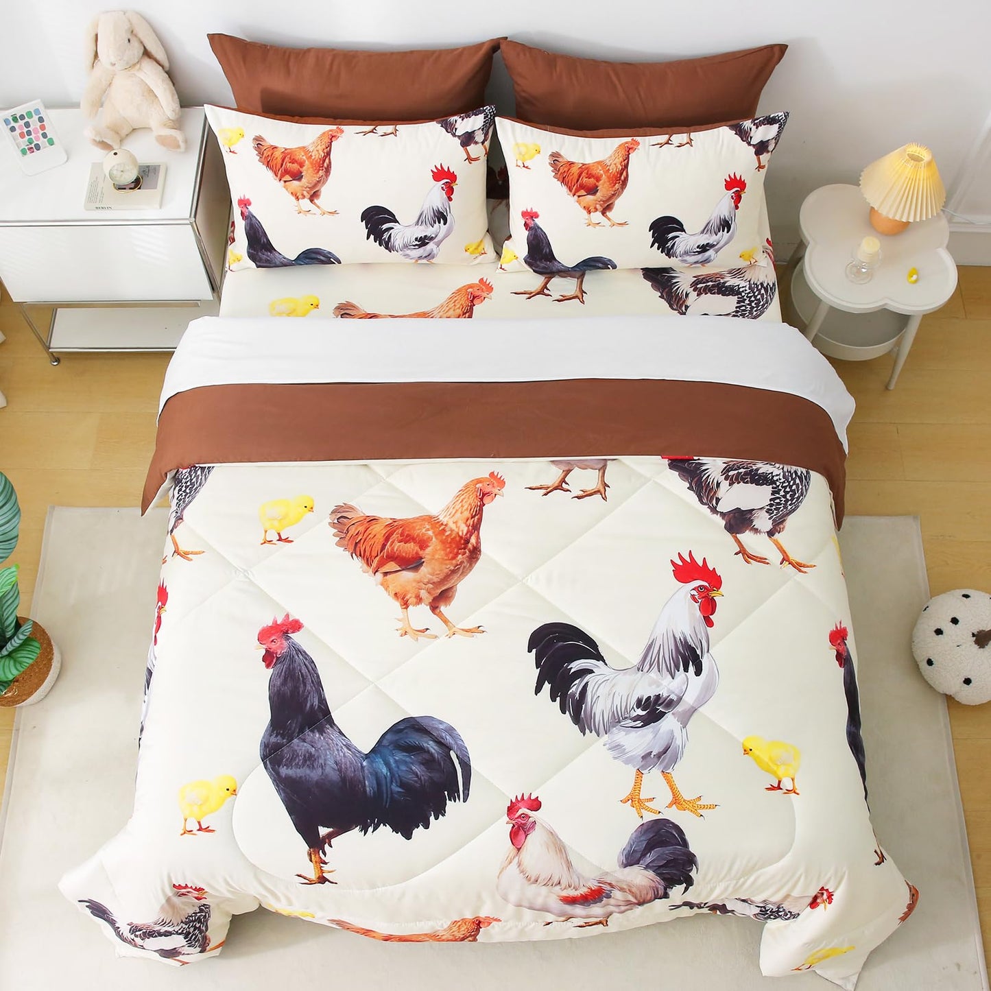 Wajade Chicken Comforter Set 7 Pcs Animal Theme Bedding Set Queen Size for Kids Adults Chicken Quilt Farm Theme Printed Pattern for Thanksgiving Birthday