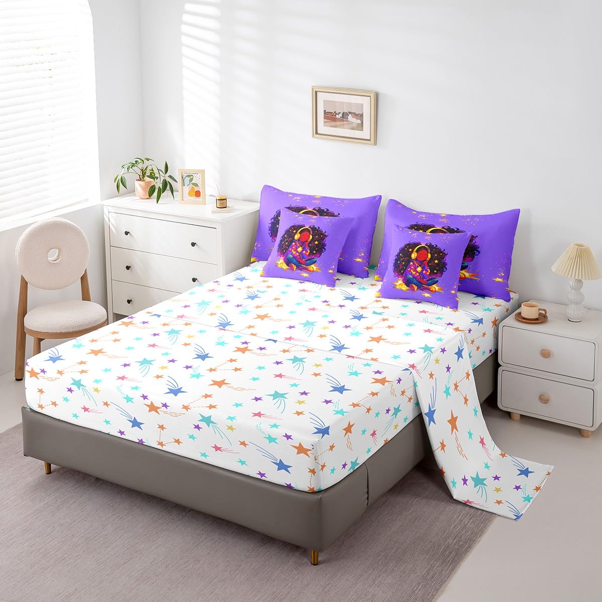 jejeloiu Kids Cute Black Girl Comforter Set 7 Pieces Full Size African American Girl Bedding Set for Boys Girls Music Bed in a Bag with Comforter, Sheets, Pillowcases & Cushion Covers（No Glitter）