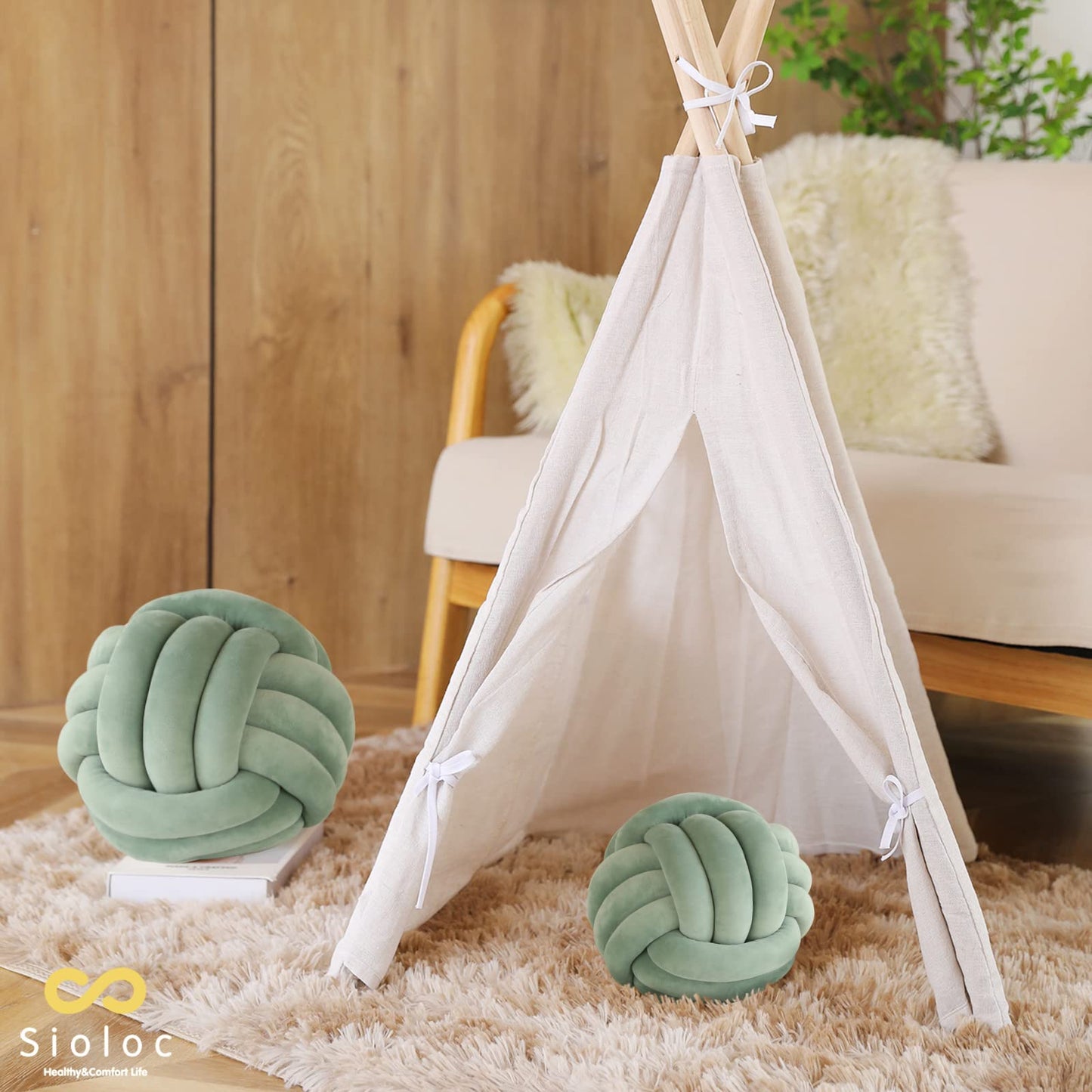 Sioloc Soft Knot Ball Pillows,Round Throw Pillow Cushion Home Decoration Plush Pillow,Throw Knotted Pillow Handmade Round Plush Pillow（7.8inches,Green）