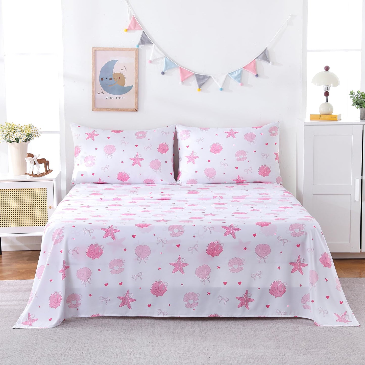 Yibeizi Pink Twin Sheets Set Kids Beach Bedding Coastal Bed Sheets for Girls Ocean Print Bedsheets Microfiber Deep Pocket Beachy Patterned Bed Sheet & Pillowcase Sets 3 Pieces