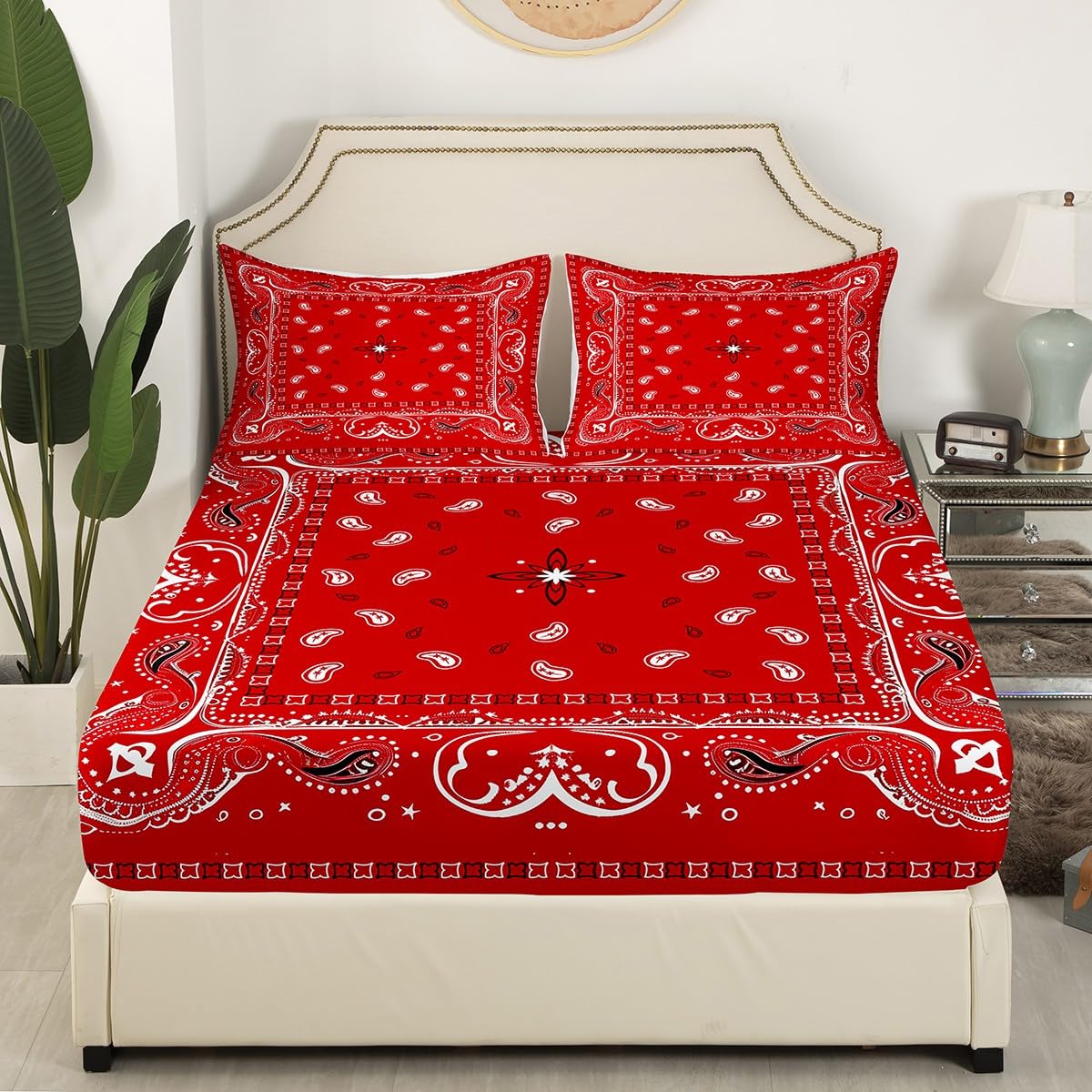 Manfei Red Paisley Bedding Set 2pcs for Kids Girls Chic Exotic Floral Printed Sheet Set Flower Pattern Fitted Sheet Soft Polyester Bed Sheets (1 Fitted Sheet + 1 Pillow Case) Twin Size