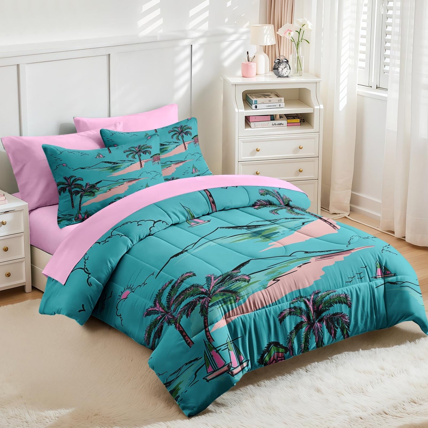 Nesker 7 Pcs Comforter Set Queen Size, Hawaiian Sweet Palm Leaf Bedding Set for Kids and Adults, Beach Ocean Blue-Green Sheets Bed Sheet Sets with Fitted Sheet 2 Pillowcases & 2 Shams