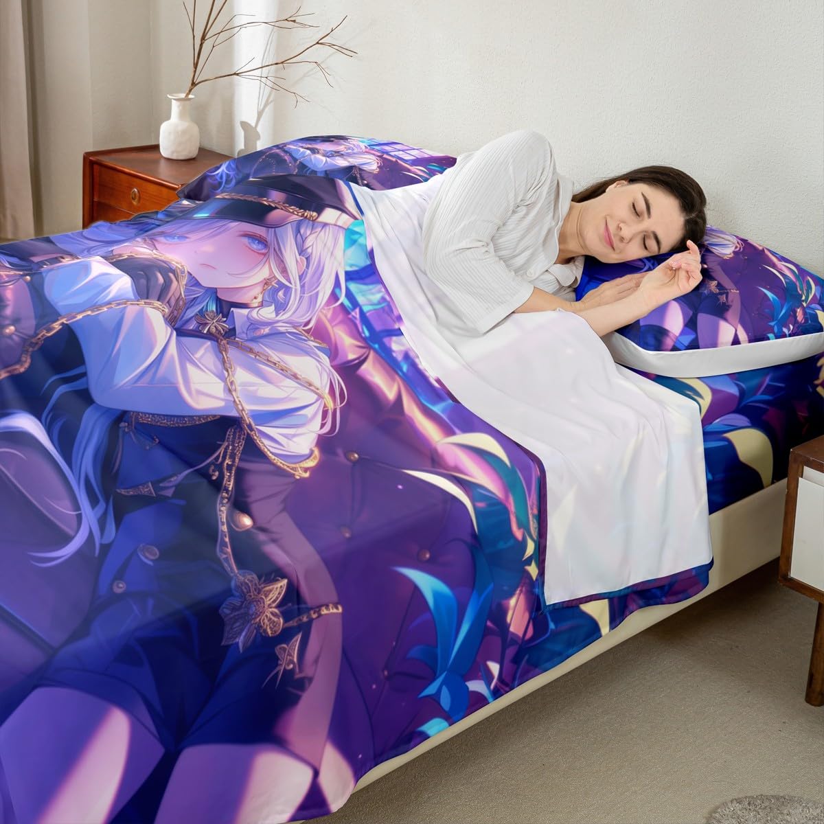 Erosebridal Anime Girl Bed Sheets Twin Size Japanese Anime Sheet Set for Kids Boys Teens Women Bedroom Decor, Cartoon Girl Top Sheet Set Japanese Animation Kawaii Bedding Sets, Purple