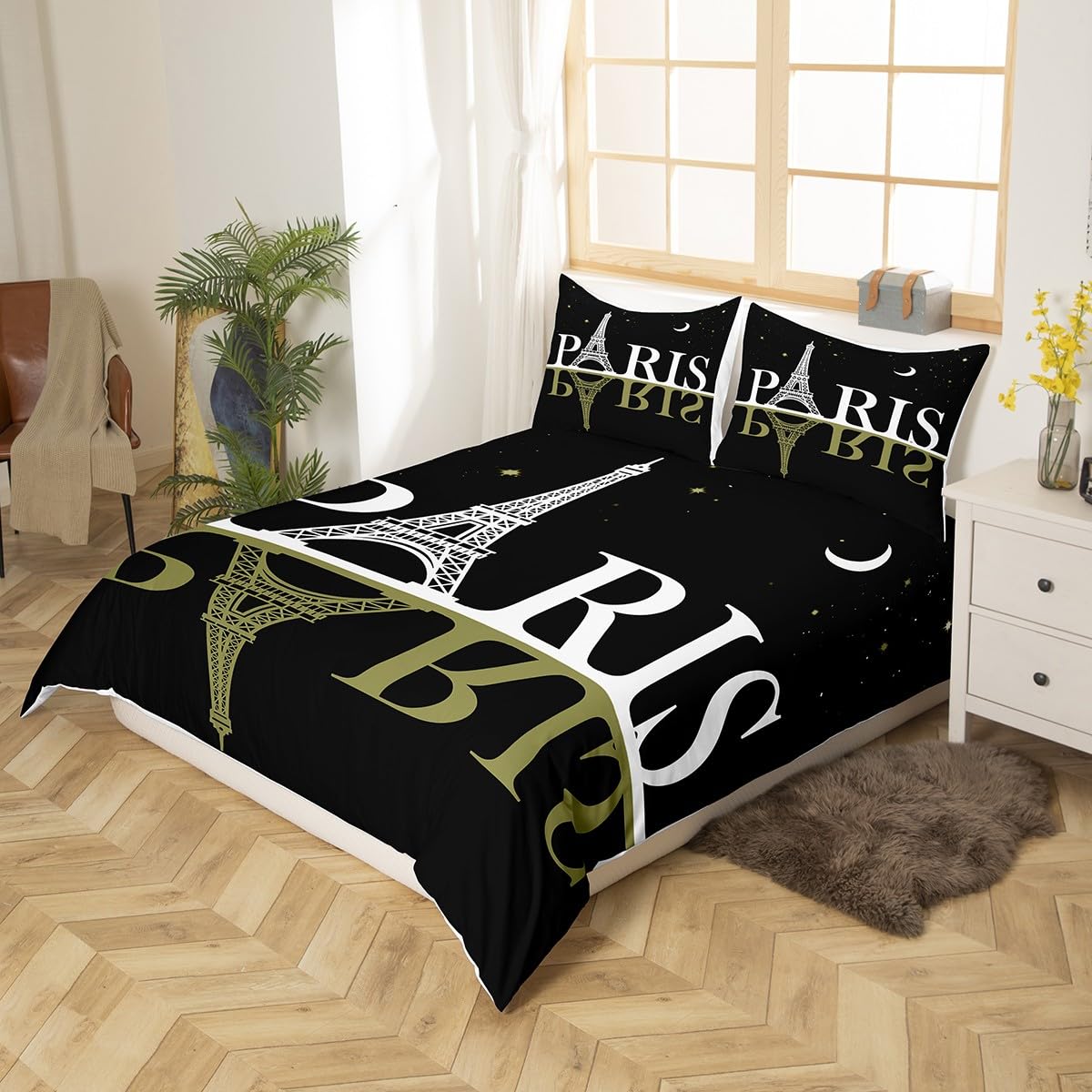 Feelyou Eiffel Tower Bedding Set Chic Paris Theme Duvet Cover for Kids Children Teens Paris Cityscape Print Comforter Cover Modern French Style Bedspread Cover Star Moon Bedroom Decor 3Pcs Queen Size