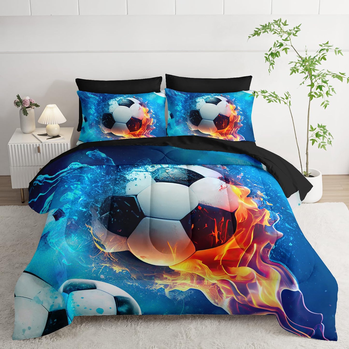 AILONEN Kids Soccer Comforter Set Full Size,7-Piece Soft Bed in a Bag,Ice and Fire Sport Boys Soccer Comforter & Fitted Sheet with Flat Sheet & 2 Pillowcases,2 Pillow Shams for Bedroom