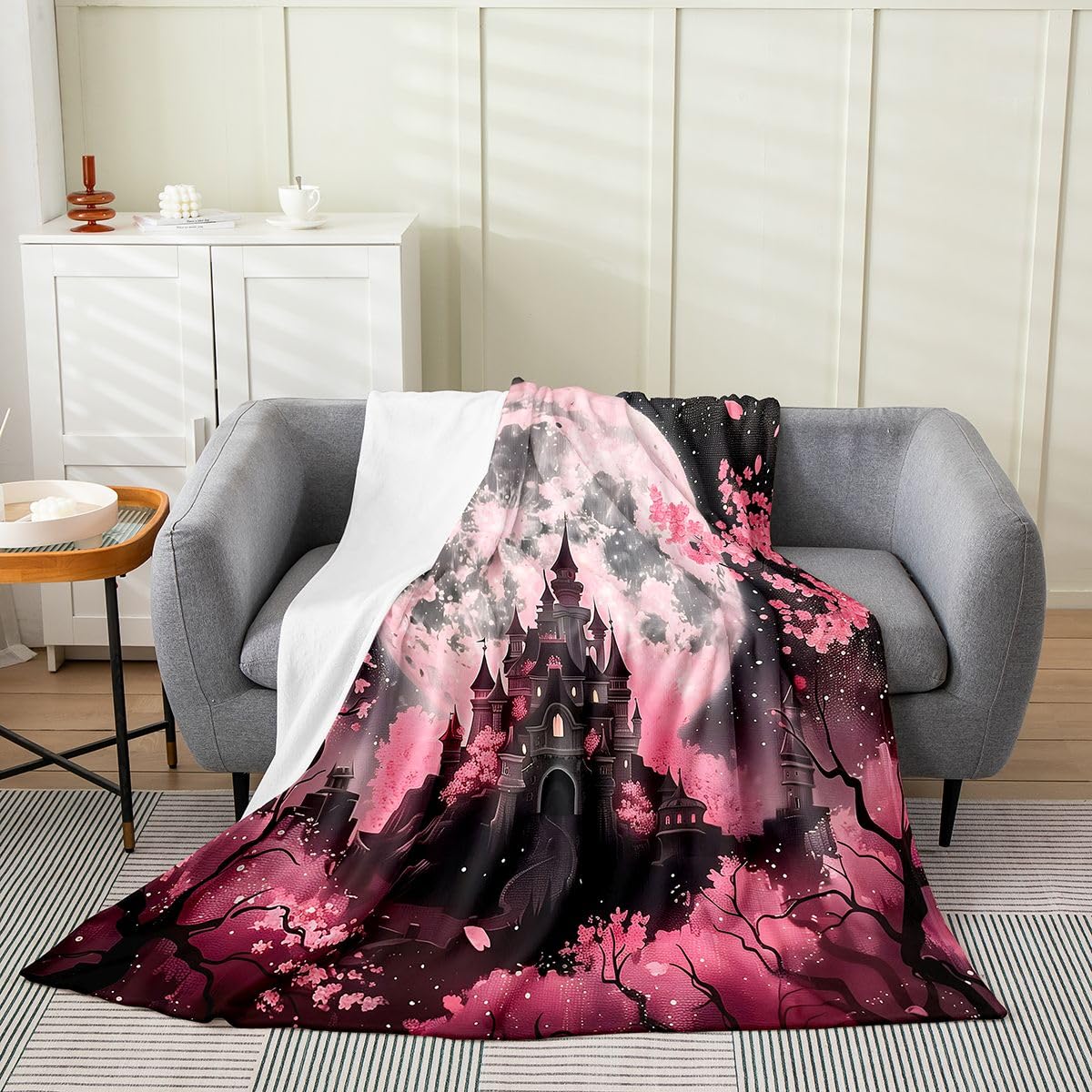 Feelyou Castle Flannel Blanket Plush Fuzzy Halloween Themed Fleece Throw Blanket for Boys Girls Cherry Blossoms Plush Lightweight Sofa Throw Goth Throw 50"x60" for Bed Couch Chair Living Room