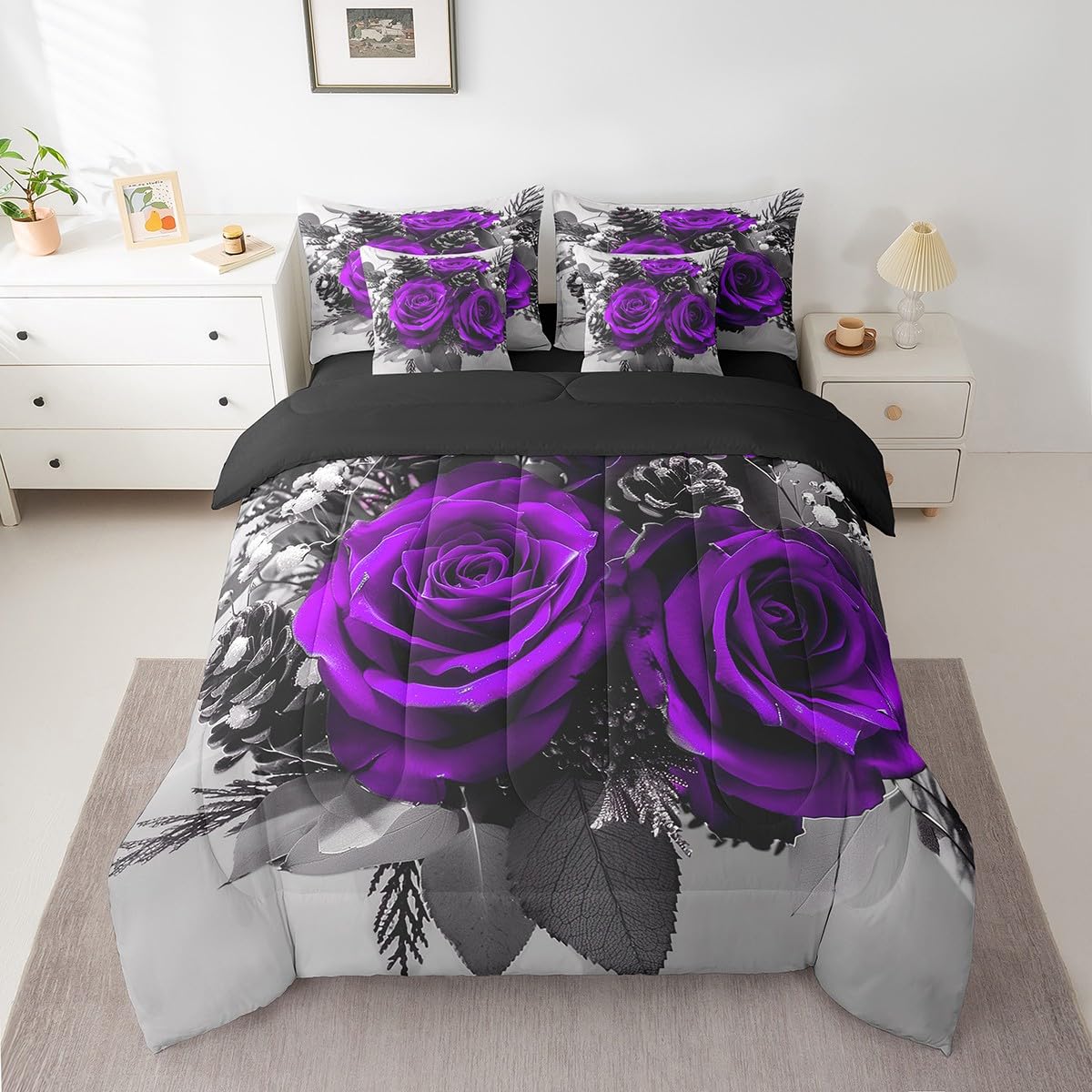 Erosebridal Rose Floral 7 Pcs Bed in a Bag Full Size,Girls Women Purple Rose Comforter Set,Romantic Botanical Flowers Fitted Sheet,Famrhouse Style Bedding,3D Printed Blossom Quilt Set Reversible