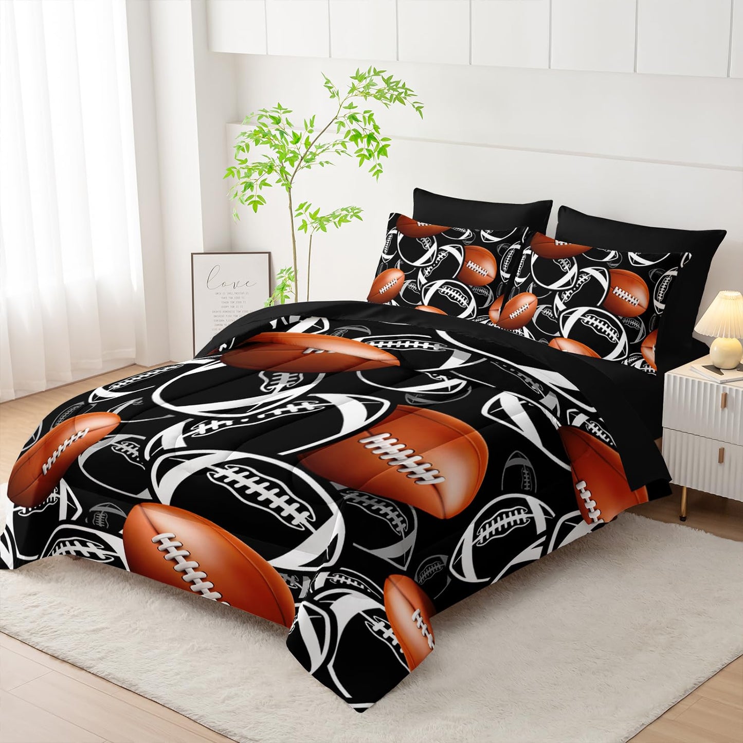 XYNHML Cartoon Rugby Comforter Set 7Pcs Sports Brown Rugby American Football Bedding Set for Kid Teen Girl Boy Black White Rugby Quilt Bed Decor Twin with 2 Sheets,2 Pillowcases,2 Throw Pillow Covers