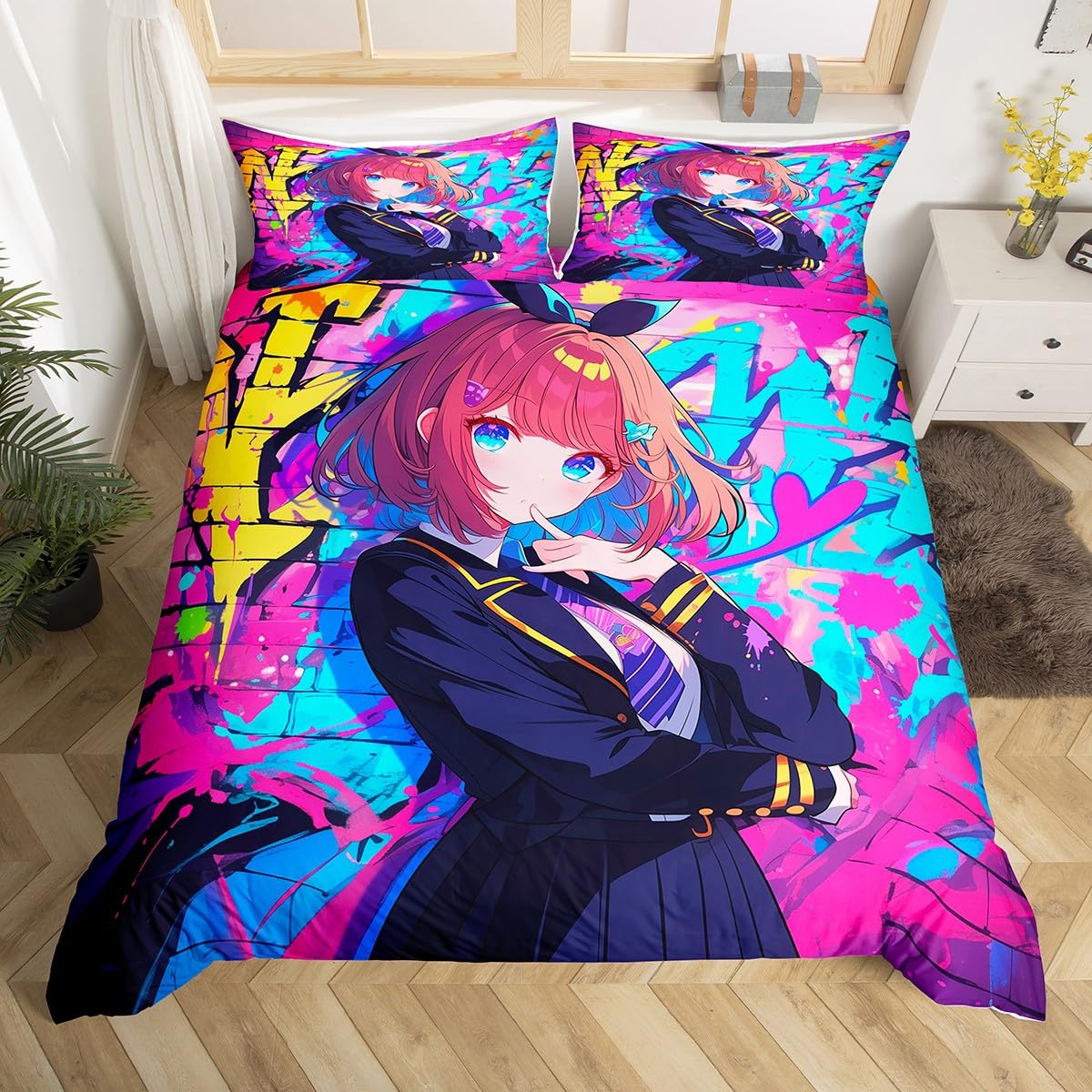 Erosebridal Girls Japanese Anime Bedding Set Full, Kawaii Anime Girl Comforter Cover Cartoon Girl Duvet Cover for Kids Teens Adult, Japanese Animation Sci Fi Style Bed Set, 2 Pillow Cases