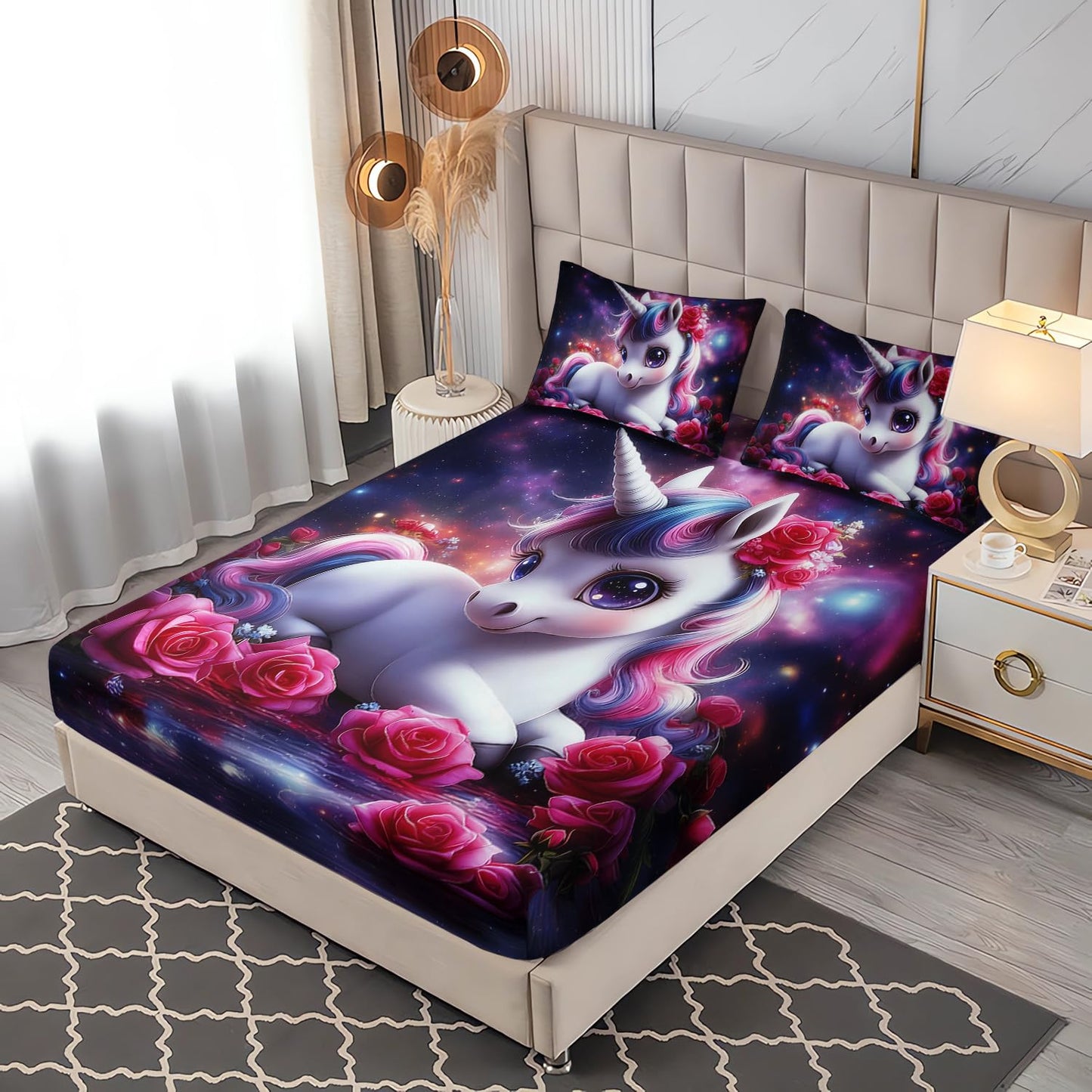 UEVBF Girls Unicorn Twin Size Bedding Set,Red Rose Flowers Fitted Sheet Set for Kids Teens Room Decor,Romantic Starry Sky Galaxy Cute Bedding Sets,1 Fitted Sheet+2 Pillowcases.