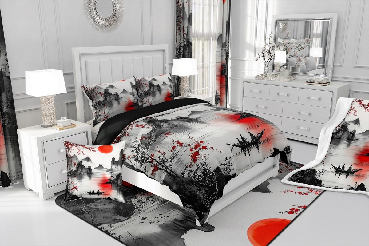 Feelyou Japanese Theme Bedding Sheets Full Cherry Blossom Bed Sheet Set for Adult Kids Watercolor Fitted Sheet Natural Landscape Bed Cover 3Pcs,1 Fitted Sheet+2 Pillow Sham（No Flat Sheet）