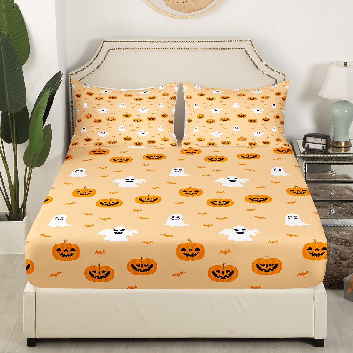 jejeloiu Kids Pumpkin Lantern Sheet Set King Size Halloween Bed Sheets Set for Boys Girls Teens Room Decor Cute Ghost Sheets with Deep Pocket Fitted Sheet Women Men Yellow Bedding Set,4Pcs