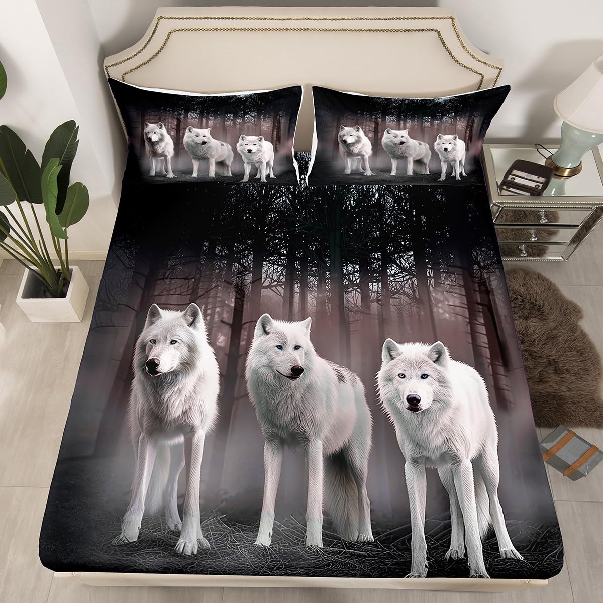 Feelyou Wolf Bed Sheets Safari Animal Pattern Sheet Set for Kids Boys Girls White Wolf Family Bed Set Cool Wildlife Style Decor Sheets with 1 Pillowcase 3Pcs Bedding Twin