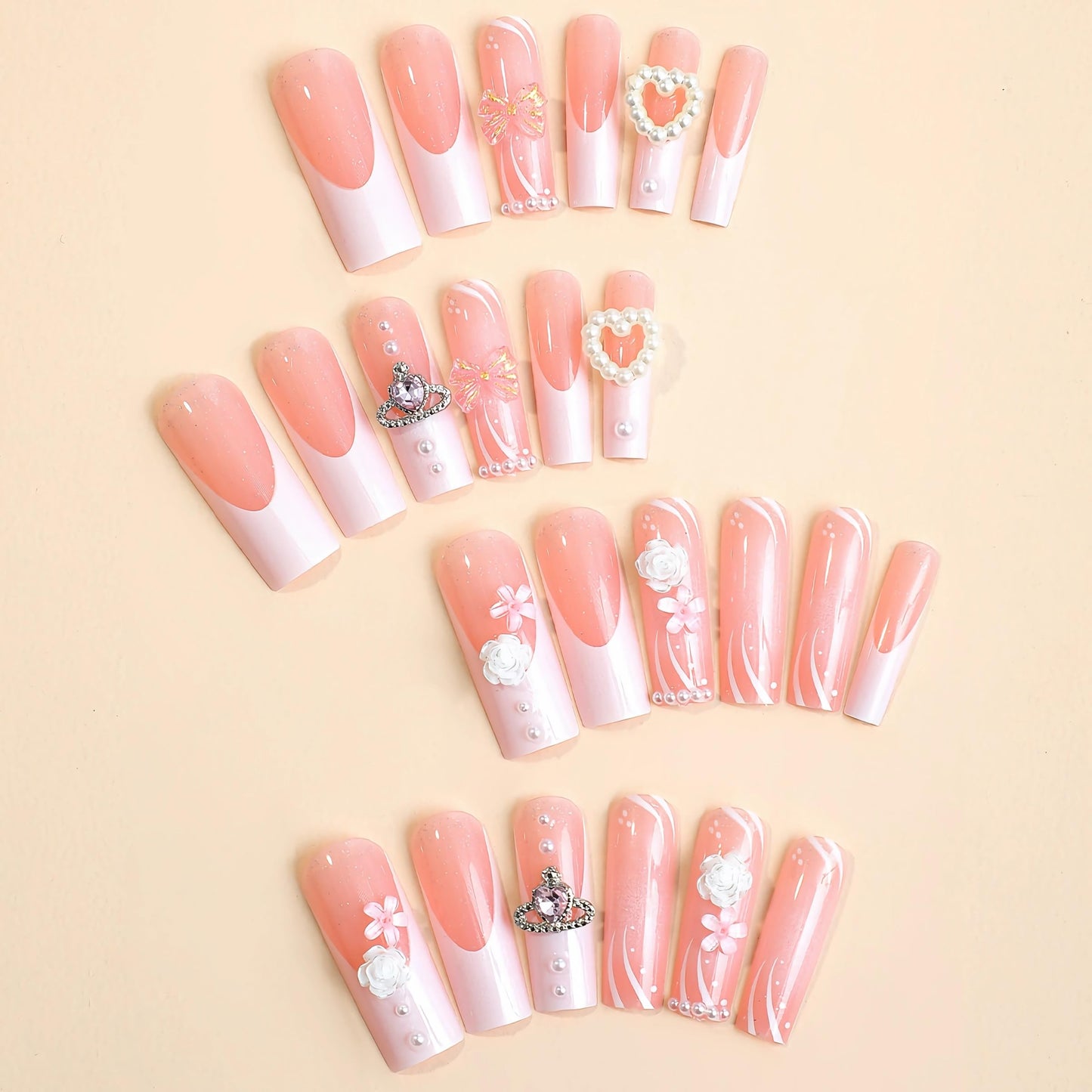 BABALAL Long Square Press on Nails, Pink White French Tip 3D Flower Bow Rhinestone Glitter Design Acrylic Nails Squoval for Women and Girls 24 Pieces