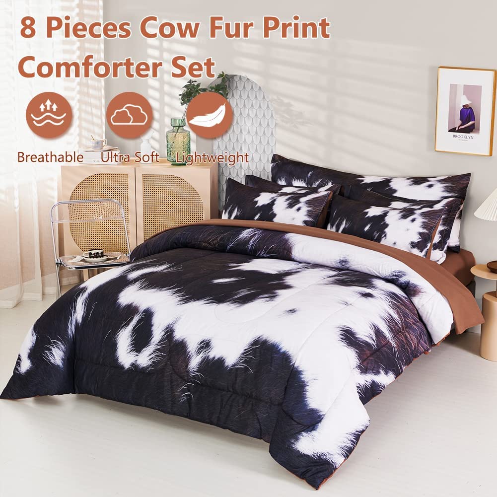 SUCSES Cow Print Bedding Comforter Set Full Size 8 Pieces Western Farmhouse Wrangler Bedding Set Highland Rustic Bed in A Bag Bed Set with Sheets for Boys(Cow Fur Pattern, Full)