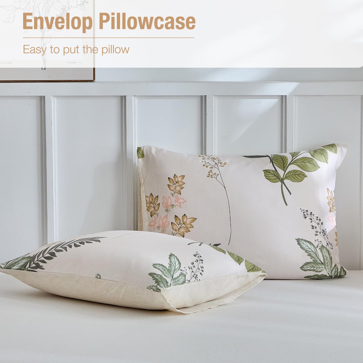 Lekesky King Size Reversible Duvet Cover, Duvet Cover King Size 3 Piece Green Leaf Microfiber Botanical Bedding Set with Zipper Closure 8 Corner Ties