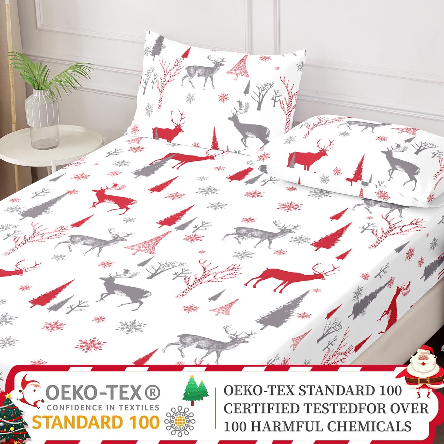 HCORA Christmas Fitted Sheet with Pillow Cases, 100% Brushed Microfibre Deep Pocket Fitted Bottom Sheet, Ultra Soft, Shrinkage and Fade Resistant, Full Size