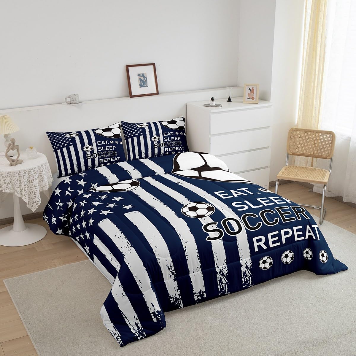 Feelyou Soccer Ball Game Kids Boys Girls Bedding Set Queen Size Football Comforter Set Ultra Soft Rugby Sports Comforter Flag Print Duvet Quilt Bedroom Decor Rugby Game Quilt